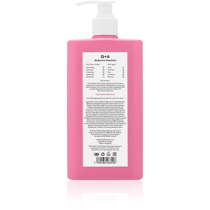 Q+A Vitamin A.C.E Shower Oil 250 ml nærende bruseolie i lyserød flaske med hvid pumpe og ingrediensliste bagpå