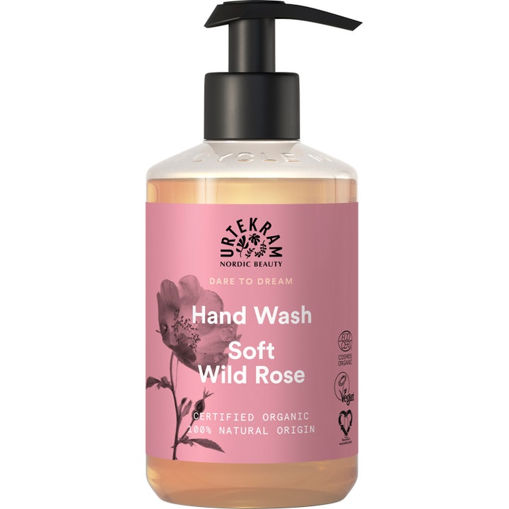 Urtekram Soft Wild Rose økologisk håndsæbe i gennemsigtig pumpeflaske med lyserød etiket og blomstermotiv