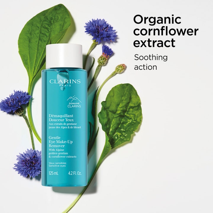 Clarins Gentle Eye Make-Up Remover 125 ml beroligende øjenmakeupfjerner med kornblomst og grønne blade