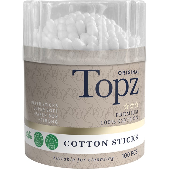 Topz Cotton Sticks 100 stk rensende vatpinde af 100% bomuld i en beige cylinderbeholder med gennemsigtigt låg.