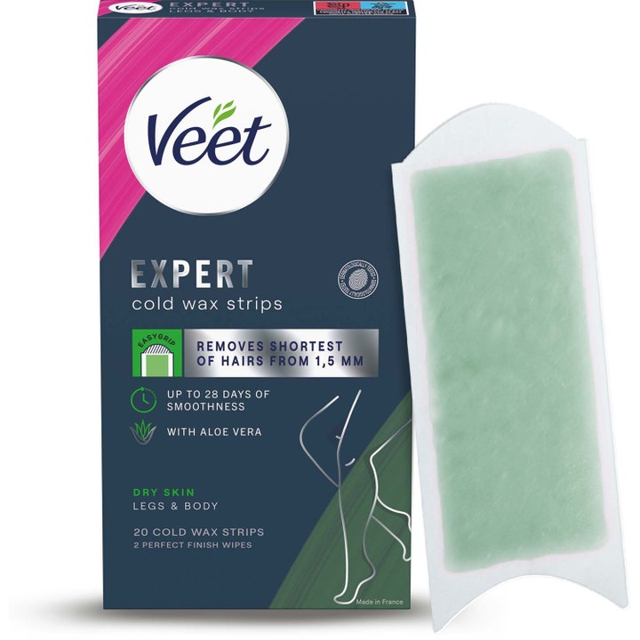 Veet Wax Strips Easy Grip 20 stk hårborttagning til tør hud med aloe vera og en synlig grøn voksstrimmel