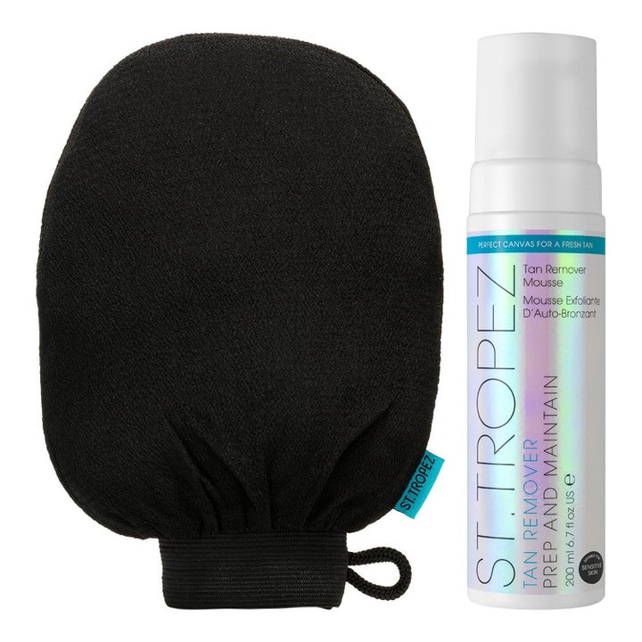 St. Tropez Tan Remover Mousse 200 ml eksfolierende mousse fjerner selvbruner med hvid flaske og sort handske