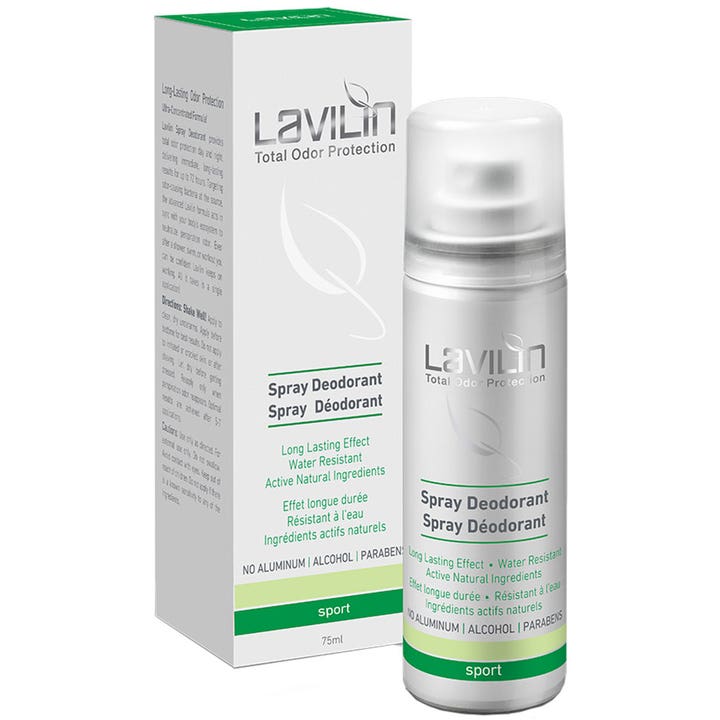 Lavilin Spray Deodorant Sport 75 ml giver lugtbeskyttelse i en sølvfarvet flaske ved siden af en hvid og grøn æske