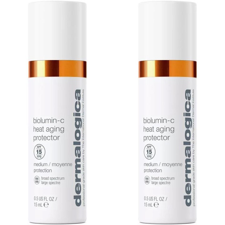 Dermalogica Biolumin-C Heat Aging Protector 15 ml SPF 15 solcreme i to hvide flasker med orange detaljer