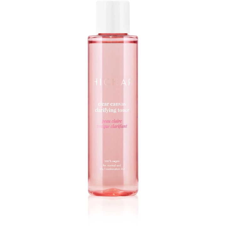 Hickap Clear Canvas Clarifying Toner rensende skintonic i gennemsigtig pink flaske med hvidt skruelåg til uren hud.