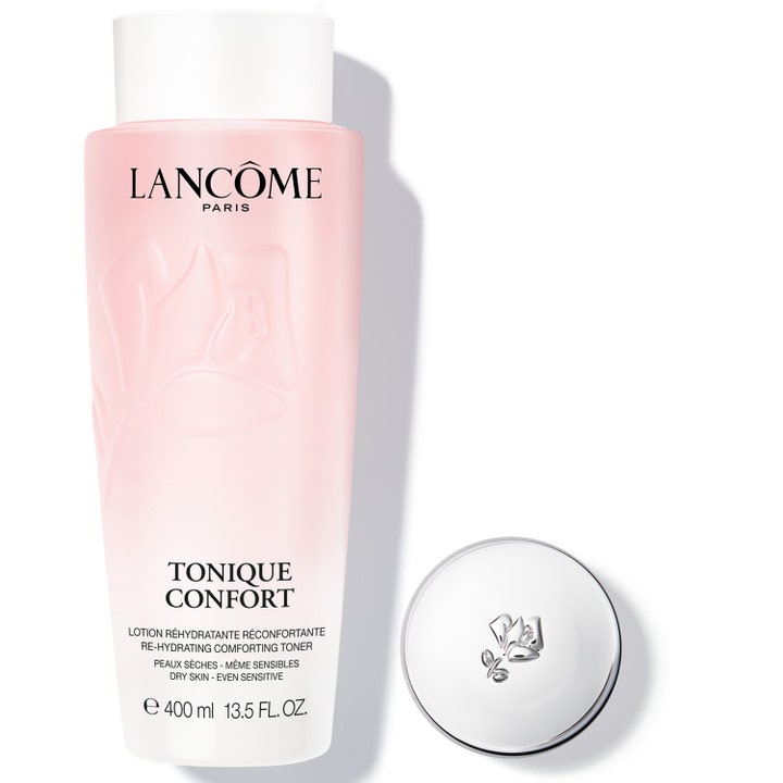 Lancôme Tonique Confort 400 ml fugtgivende skintonic til tør hud i en lyserød frostet flaske med hvidt låg