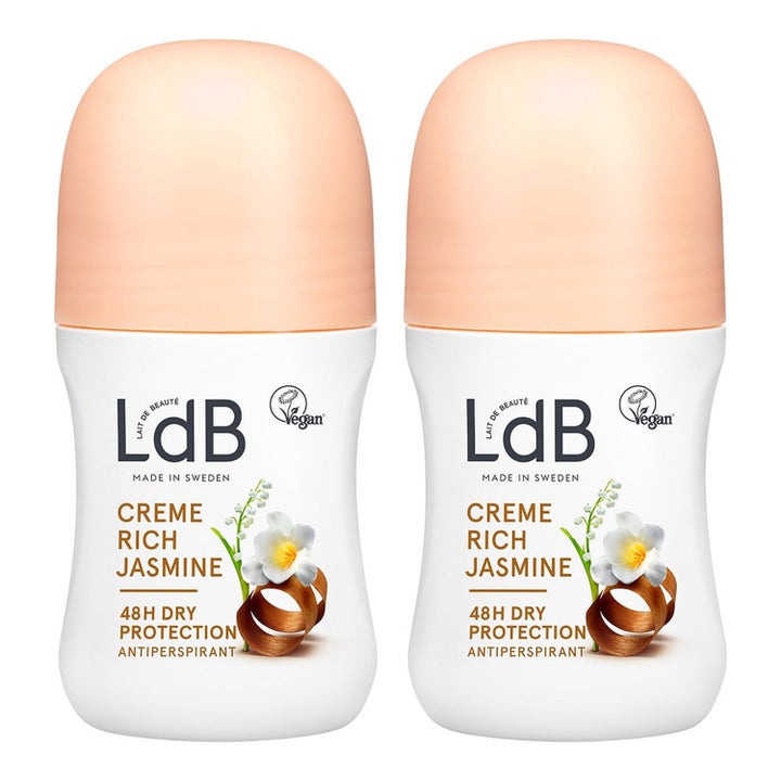 LdB Creme Rich Jasmine 2x50 ml roll-on antiperspirant der giver 48 timers beskyttelse i hvide flasker med ferskenfarvet låg.