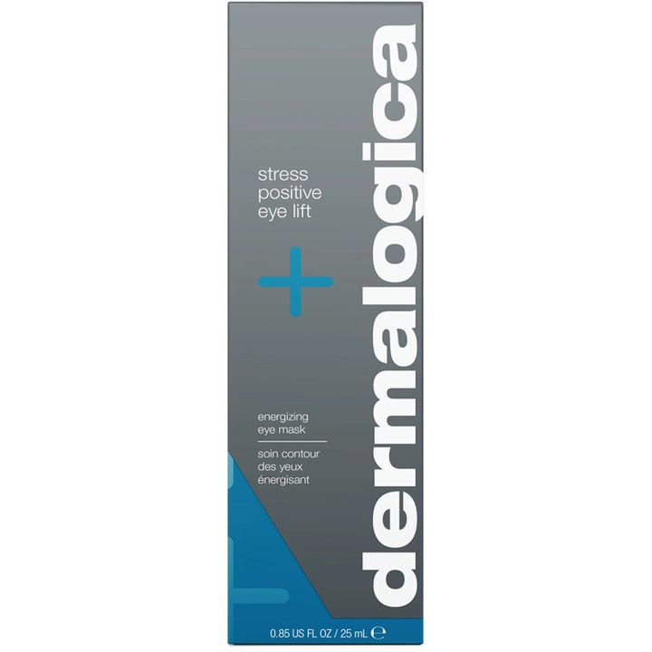 Dermalogica Stress Positive Eye Lift 25 ml energigivende øjenmaske i grå papæske med blåt plustegn.