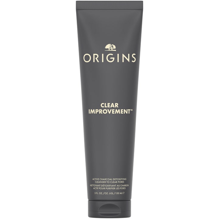 Origins Clear Improvement 150 ml rensende ansigtsvask med aktivt kul i en koksgrå tube med sort låg