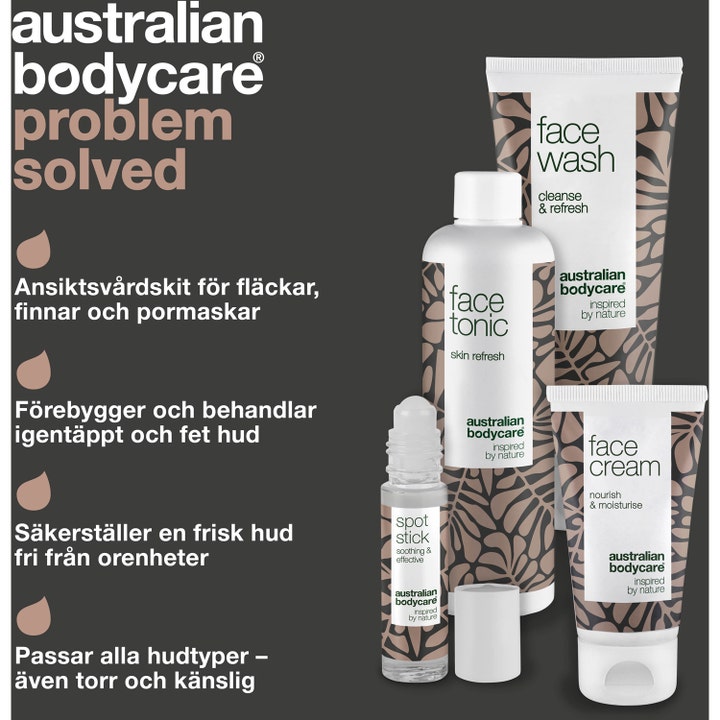 Australian Bodycare 4 Step Face Care 309 ml mod urenheder i hvid og brun emballage med bladmønster.