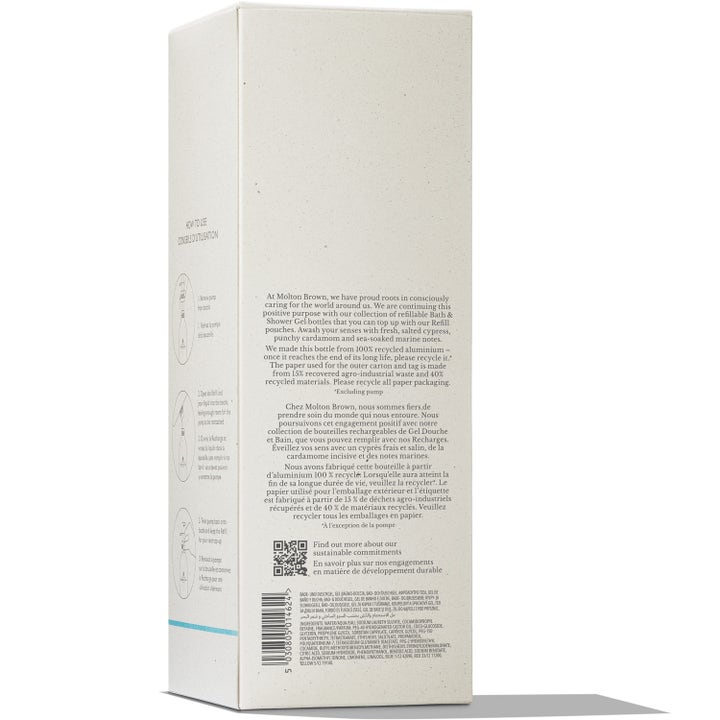 Molton Brown Infinite Bottle Coastal Cypress & Sea Fennel 400 ml showergel i hvid papæske med instruktioner.