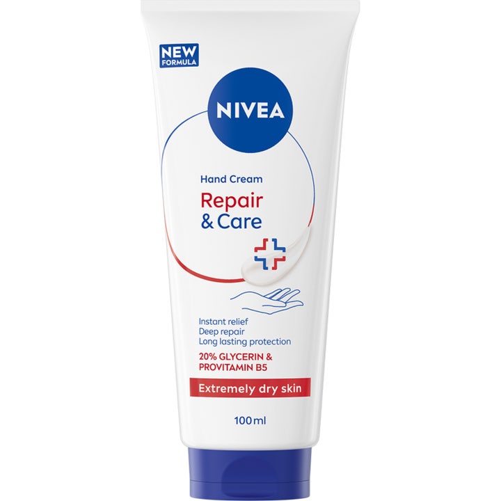 Nivea Repair & Care 100 ml fugtgivende håndcreme til tør hud i hvid plasttube med blåt vippelåg og rød grafik