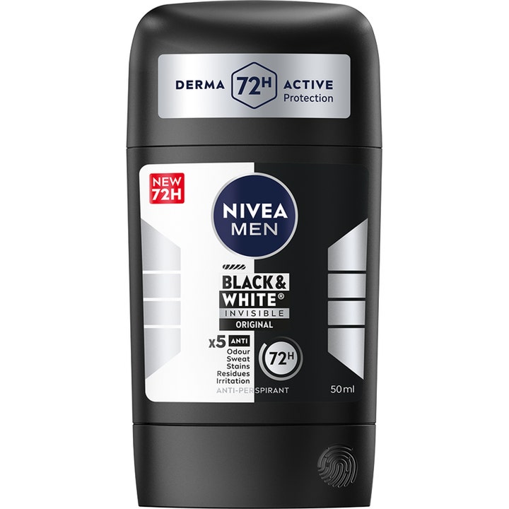 Nivea Men Black & White Invisible Original 50 ml antiperspirant mod pletter i en sort og sølvfarvet deodorant stick