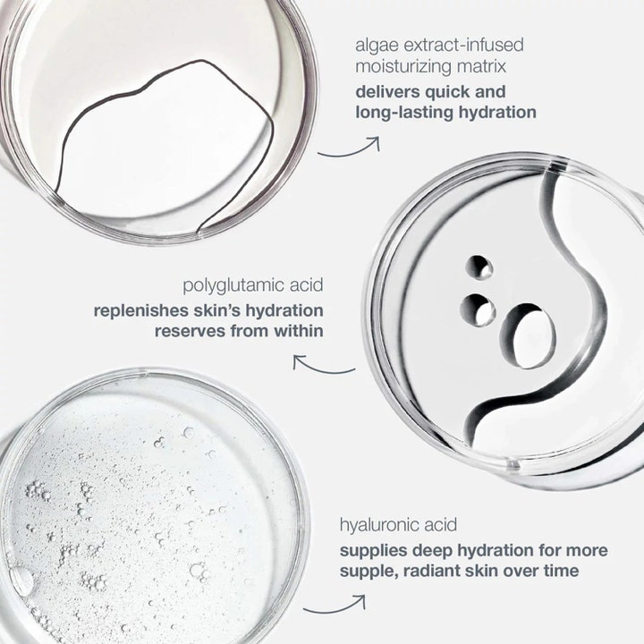 Dermalogica Circular Hydration Serum 10 ml fugtgivende hudserum viser teksturprøver med hyaluronsyre og algeekstrakt.