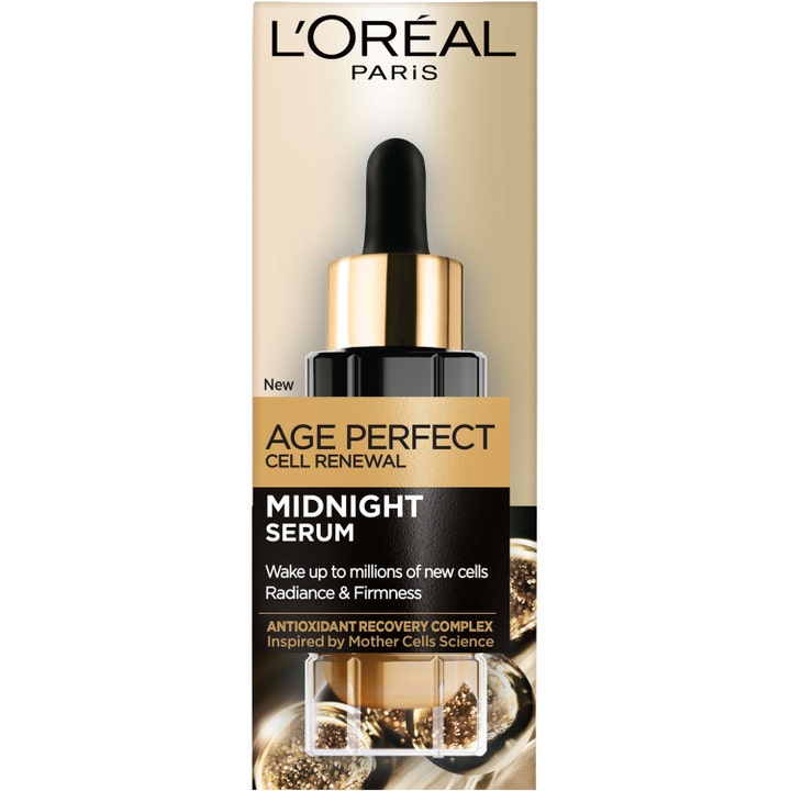 L'Oréal Paris Cell Renewal Midnight Serum 30 ml i eksklusiv sort glasflaske med gulddetaljer giver glød