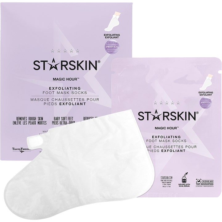 Starskin Magic Hour Exfoliating Foot Mask Socks 50 g fjerner hård hud med hvid maskesok og lilla emballage.