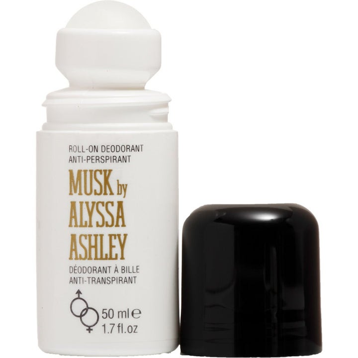 Alyssa Ashley Musk Duo Roll-On Deodorant 50 ml antiperspirant i hvid flaske med sort låg og synlig hvid kugle