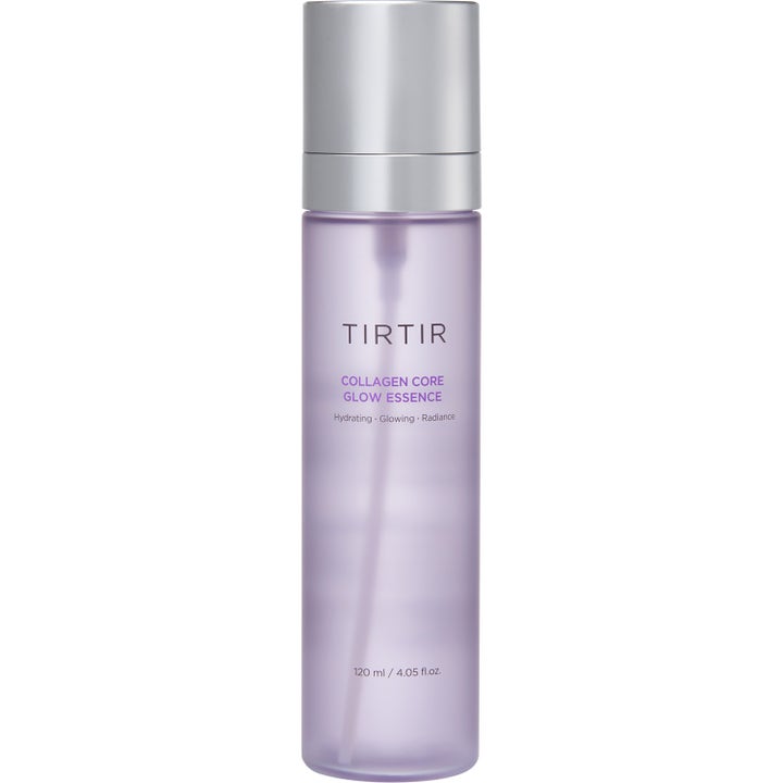 TIRTIR Collagen Core Glow Essence 120 ml giver huden glød i en lilla gennemsigtig flaske med sølvlåg
