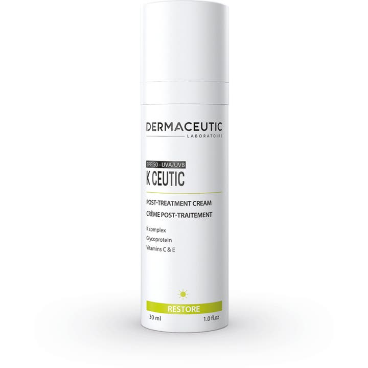 Dermaceutic K Ceutic 30 ml genopbyggende ansigtscreme med SPF 50 i en hvid minimalistisk pumpeflaske med sort tekst