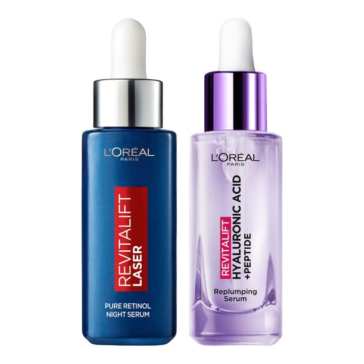 L'Oréal Paris Revitalift Filler og Laser serum duo med hyaluronsyre og retinol i lilla og blå glasflasker med pipetter.