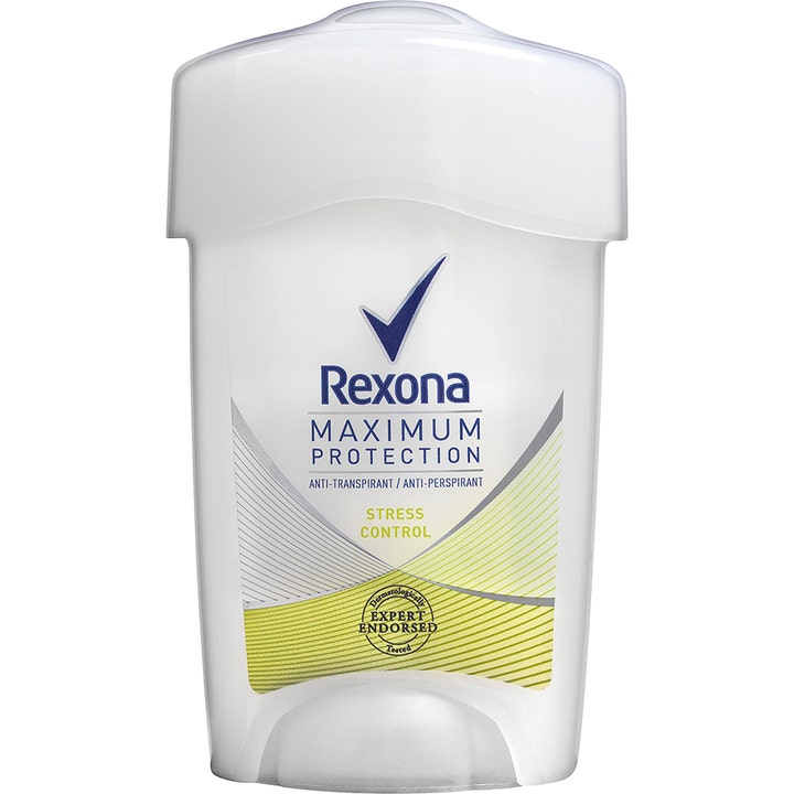 Rexona Maximum Protection Stress Control 45 ml antiperspirant cream i hvid emballage med grønt mønster