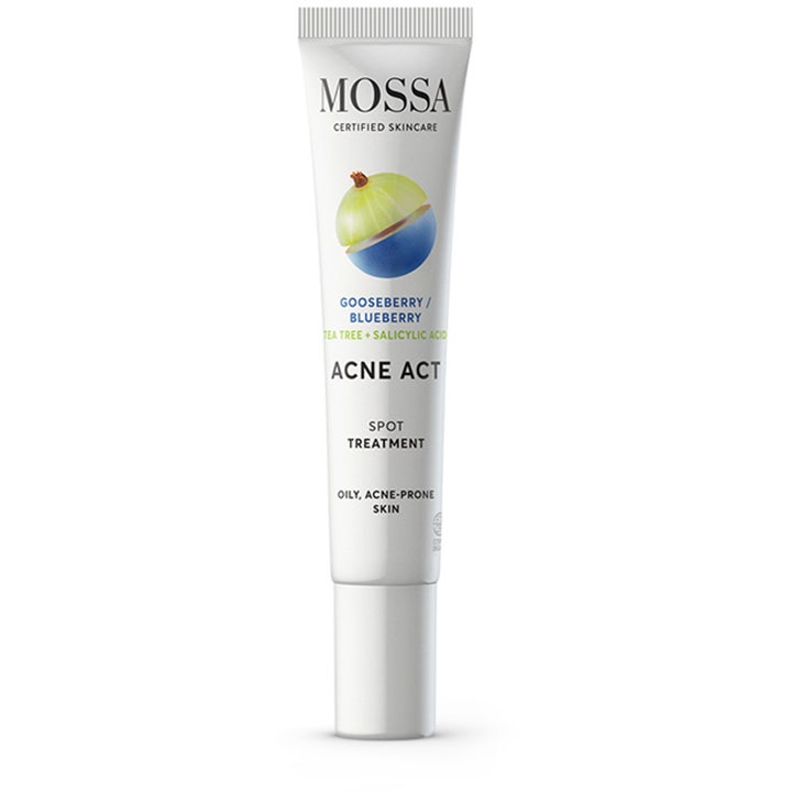 Mossa Acne Act Spot Treatment modvirker urenheder i en hvid tube med illustration af stikkelsbær og blåbær.