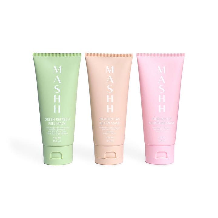MASHH Golden Tan & Glow Mask 100 ml glødgivende ansigtsmaske i ferskenfarvet tube sammen med to andre varianter