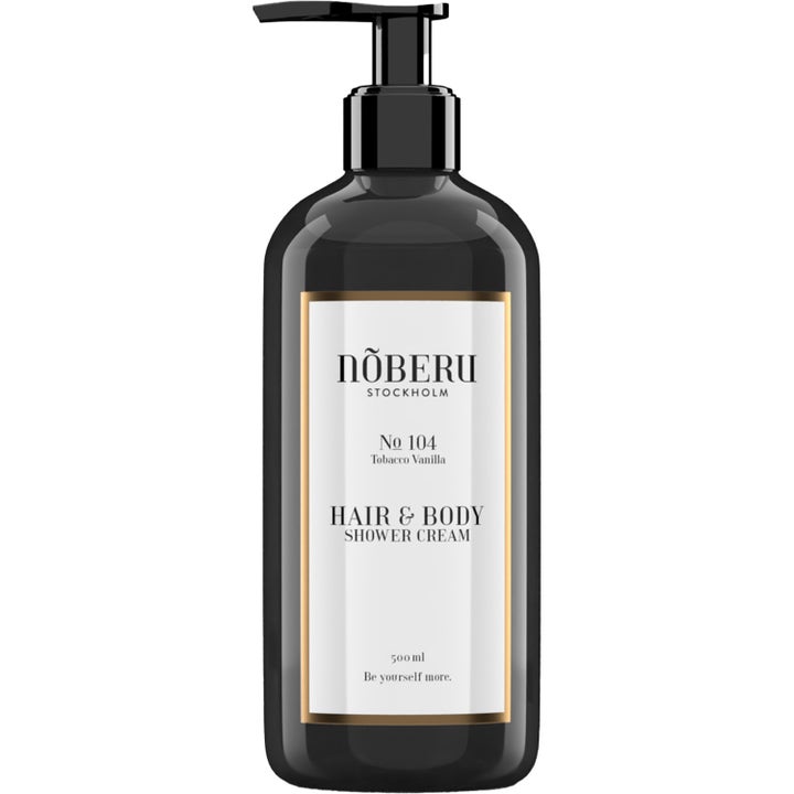 Nõberu No 104 Tobacco Vanilla Hair & Body Shower Cream 500 ml plejende vask i mørk pumpeflaske med hvid og guld label