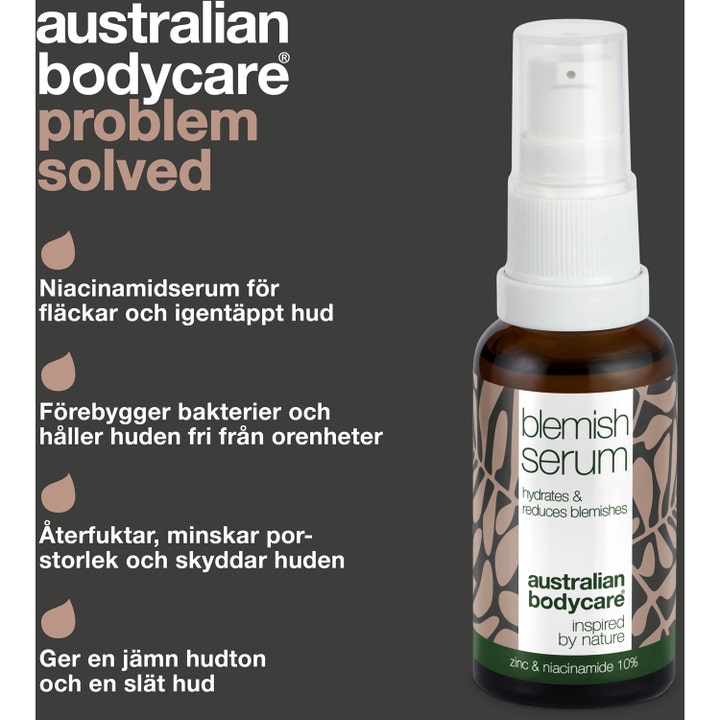 Australian Bodycare Blemish Serum 30 ml mod urenheder i brun glasflaske med hvid pumpe og niacinamid.