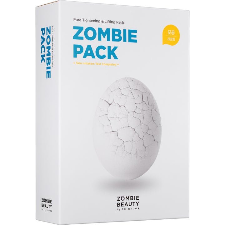 Skin1004 Zombie Beauty Zombie Pack opstrammende ansigtsmaske i hvid æske dekoreret med et krakeleret hvidt æg.