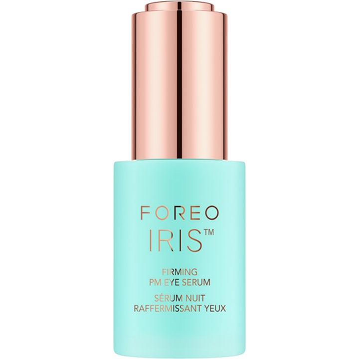 Foreo Iris Firming PM Eye Serum opstrammende øjenserum i turkis flaske med metallisk rosa guld låg