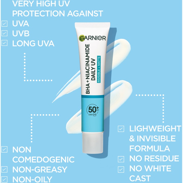 Garnier Pureactive BHA + Niacinamide UV Daily Fluid 40 ml solcreme til ansigtet SPF50+ og let hvid creme-tekstur