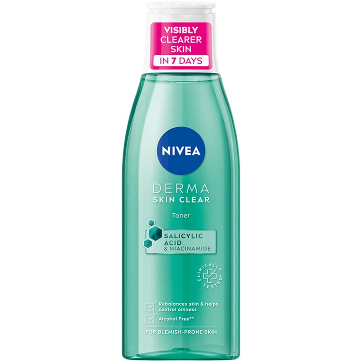 NIVEA Derma Skin Clear Toner 200 ml balancerende ansigtsvand i grøn flaske med salicylsyre og niacinamid