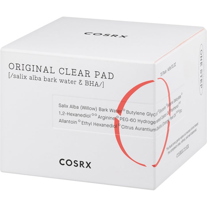 COSRX One Step Original Clear Pad 70 stk eksfolierende pads i hvid papæske med rød grafik og BHA for renere hud