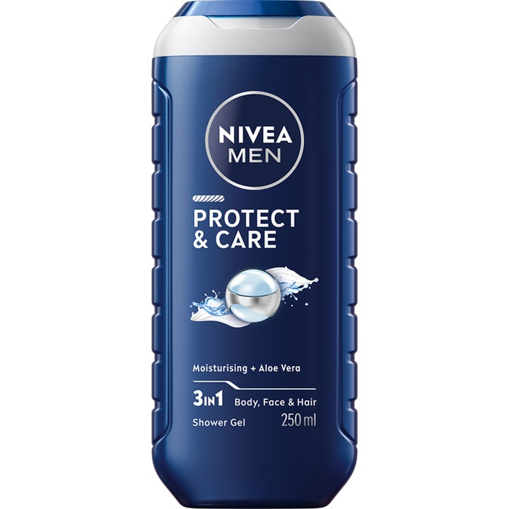 Nivea Men Protect & Care 250 ml fugtgivende shower gel i mørkeblå plastflaske med hvidt låg og rillede sider