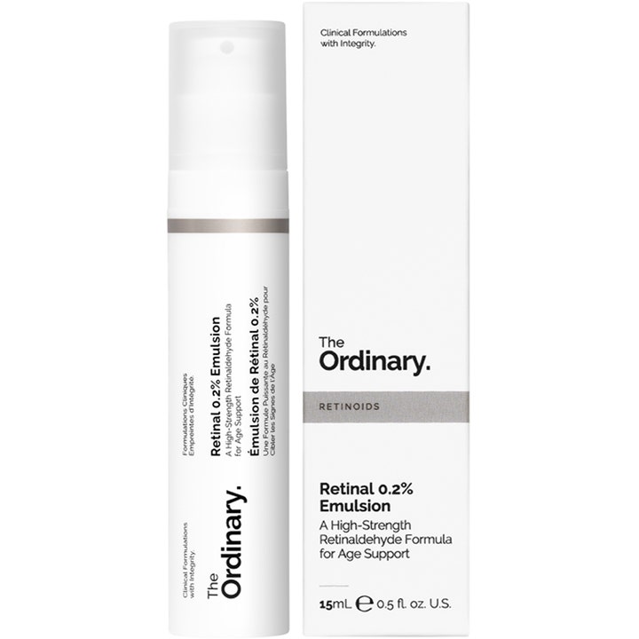 The Ordinary Retinal 0.2% Emulsion 15 ml anti-age serum i hvid pumpeflaske og æske markeret Retinoids