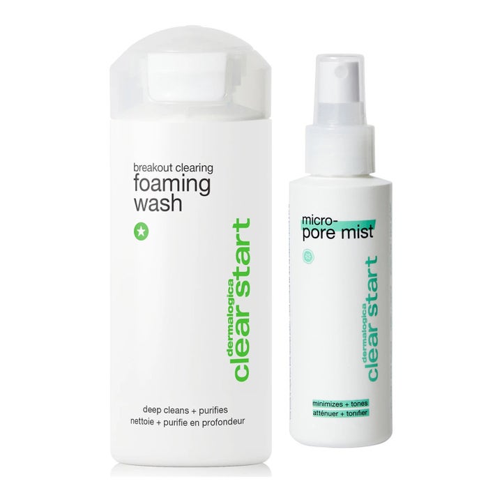 Dermalogica Clear Start ansigtsrens og pore-mist mod uren hud i hvide plastflasker med grønne detaljer.
