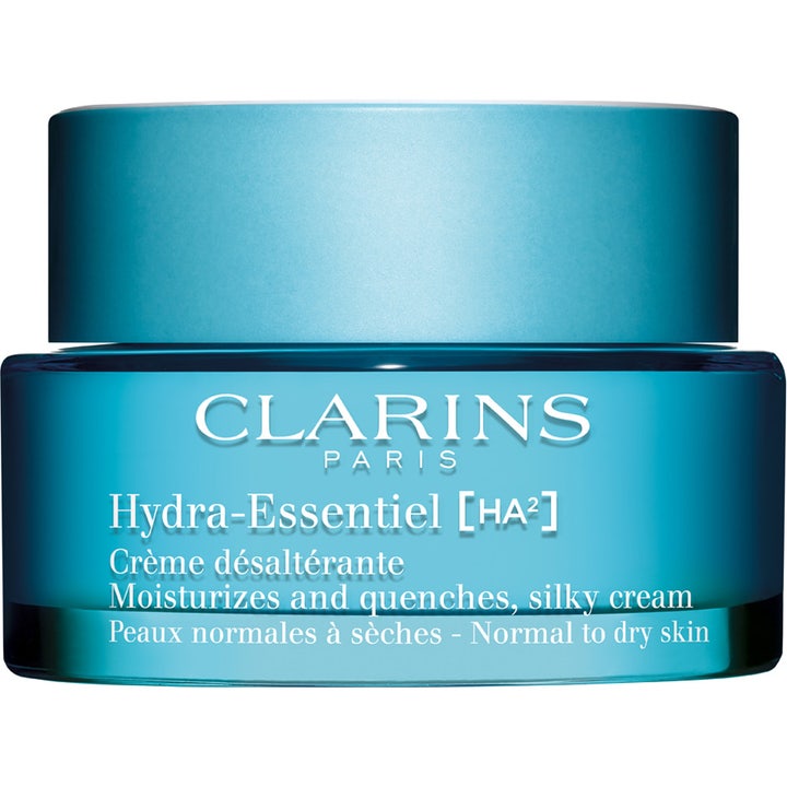 Clarins Hydra-Essentiel [HA²] fugtgivende ansigtscreme til tør hud i en blå glasrukke med matchende blåt låg