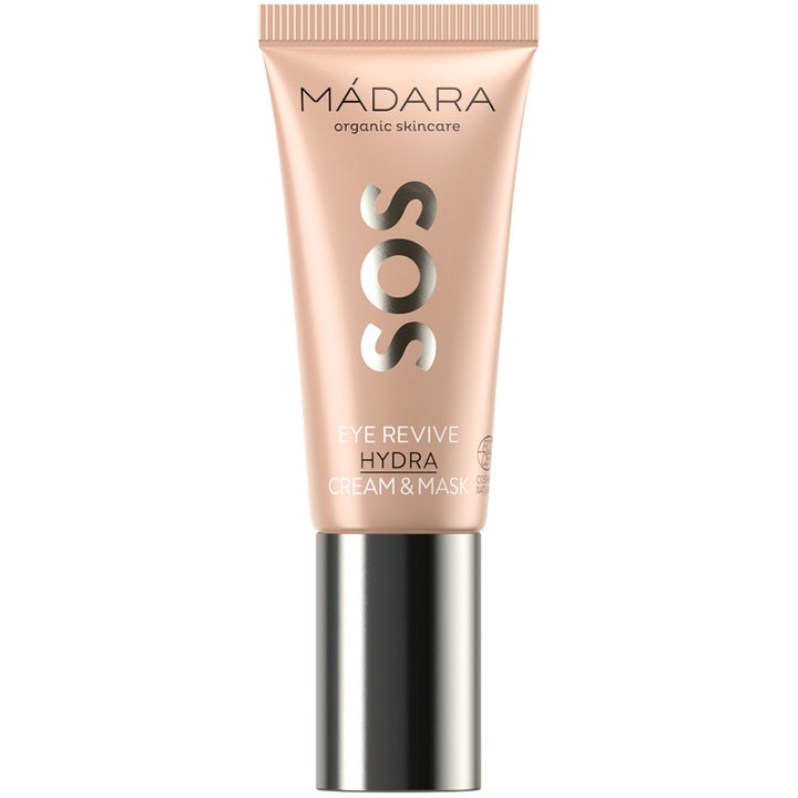 Mádara SOS Eye Revive Hydra Cream & Mask 20 ml fugtgivende øjencreme i ferskenfarvet tube med sølvlåg