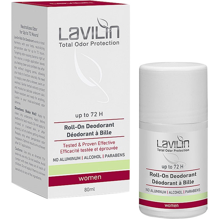 Lavilin Roll-On Deodorant 80ml til kvinder i hvid plastemballage med rød og grøn stribe mod lugtgener