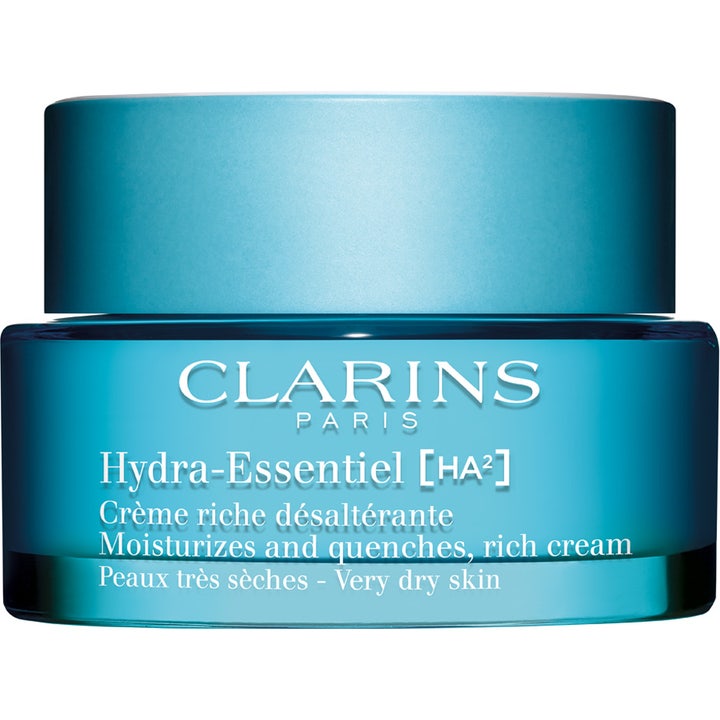 Clarins Hydra-Essentiel [HA²] fugtgivende ansigtscreme til meget tør hud i en blå glasrukke med mat blåt låg