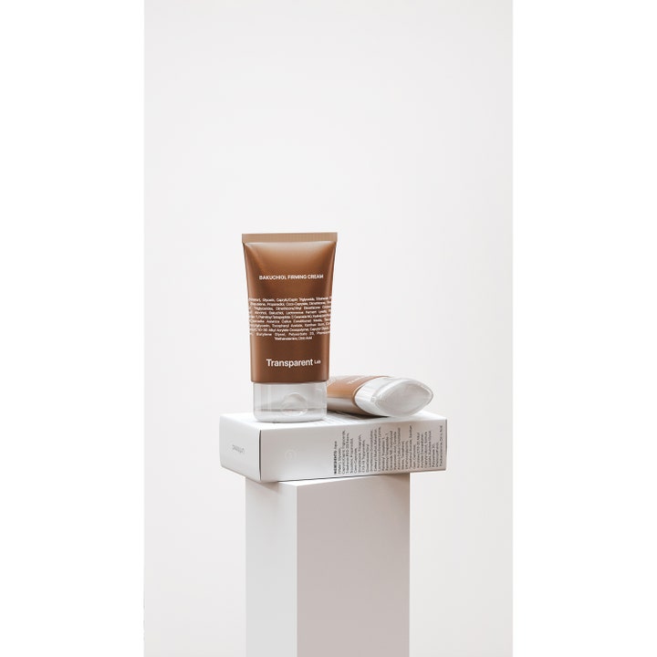 Niche Beauty Lab Transparent Lab Bakuchiol Firming Cream 50 ml opstrammende ansigtscreme i brun tube på hvid æske