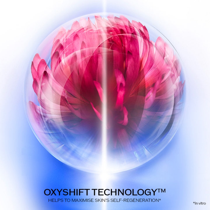 Shiseido BioPerformance Skin HiForce Cream 50 ml refill giver hudfornyelse med Oxyshift Technology og en pink blomst.