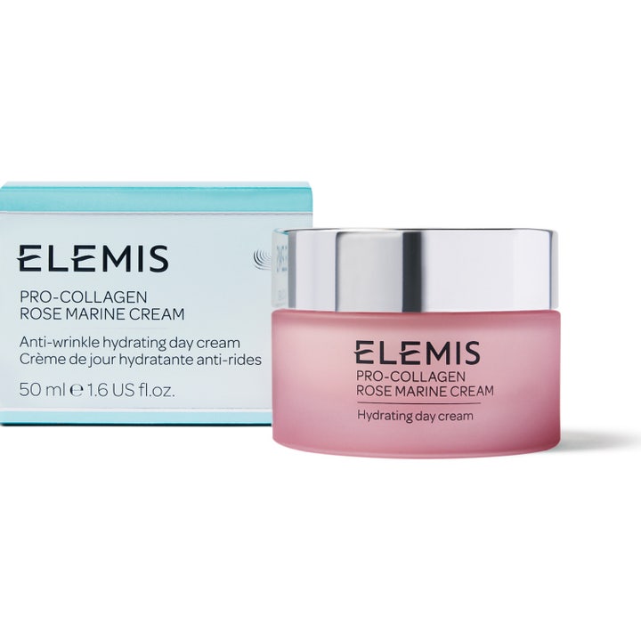 Elemis Pro-Collagen Rose Marine Cream 50 ml anti-rynke dagcreme i mat lyserød krukke med sølvlåg og æske.