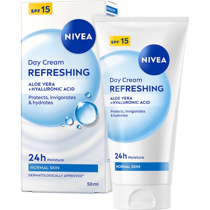 Nivea Refreshing Day Cream 50 ml fugtgivende dagcreme med SPF 15 i hvid tube og æske med blå detaljer