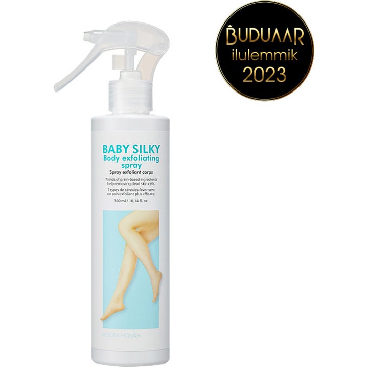 Holika Holika Baby Silky Body Exfoliating Spray 300 ml eksfolierende spray i hvid flaske med illustration af ben