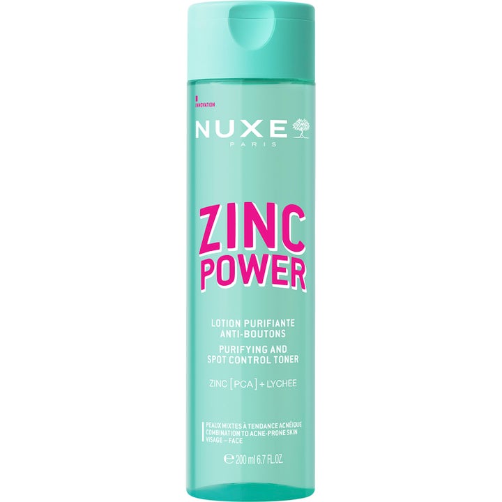 Nuxe Zinc Power Purifying and Spot Control Toner 200 ml rensende ansigtsvand mod urenheder i turkis flaske med pink tekst
