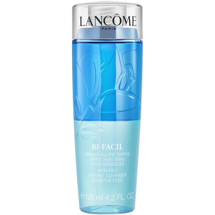 Lancôme Bi-Facil 125 ml øjenmakeupfjerner i tofaselilla plastflaske med gennemsigtigt låg.