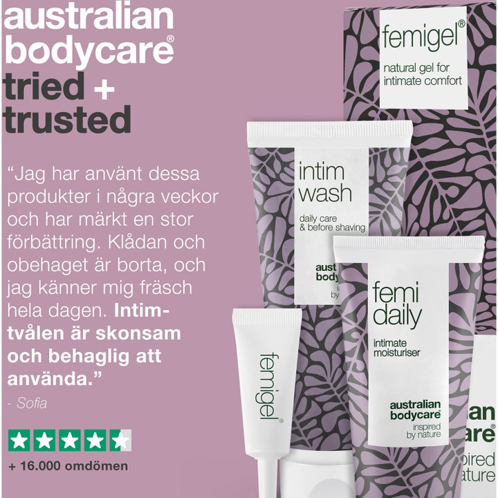 Australian Bodycare Intimate Treatment Kit 325 ml mod intimt ubehag med hvide tuber og anmeldelse på lilla baggrund.