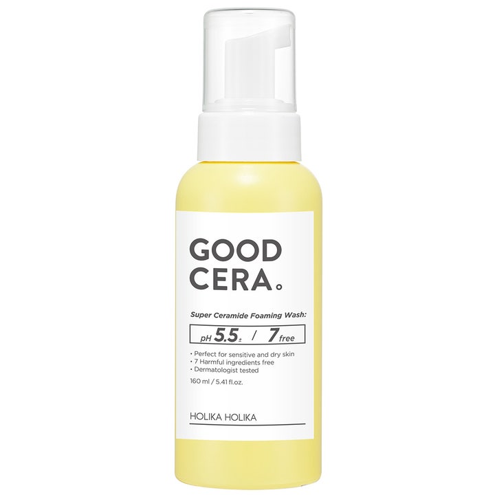 Holika Holika Good Cera Super Ceramide Foaming Wash 160 ml ansigtsrens i gul flaske med hvid pumpe der styrker huden